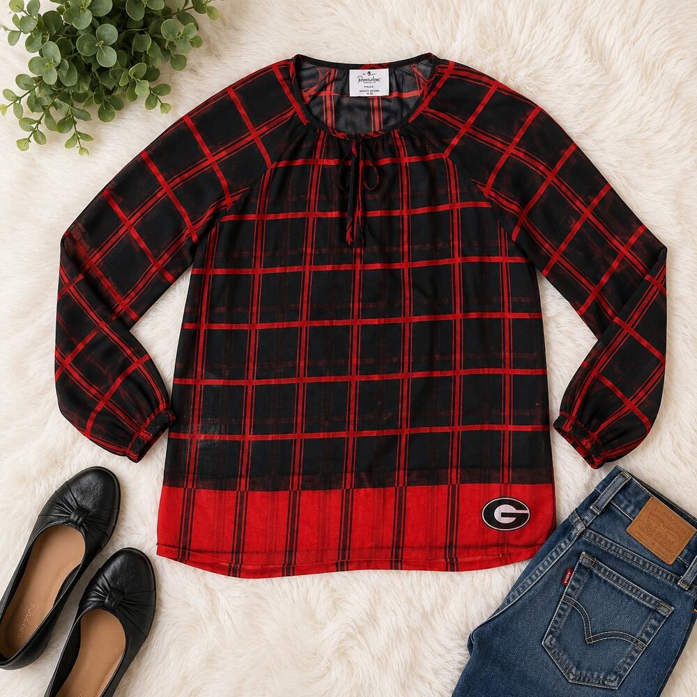 Emerson Street Georgia Bulldogs Red & Black Plaid Sheer Tunic Blouse Medium